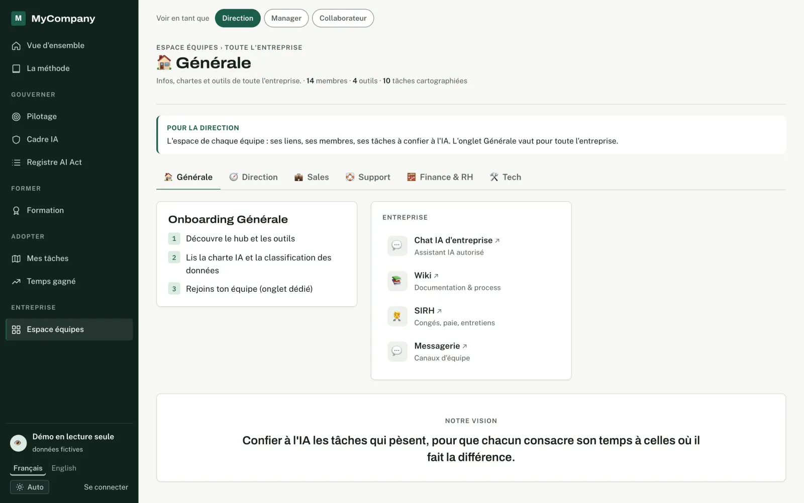 Team spaces: each team’s tab with its onboarding, tools and links.